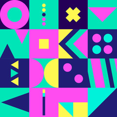 Geometric minimalist artwork with simple shape in blue, yellow, purple and green. Abstract vector pattern design for web banner, social media, branding package, fabric print, wallpaper, advertising.