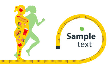 Weight loss. The influence of diet on the weight of the person. Young woman before and after diet and fitness. Weight loss concept. Fat and thin woman. Blank space for your content, template.