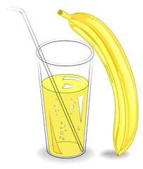 Delicious healthy refreshing drink. In a glass of natural fruit juice, two ripe bananas. Vector illustration