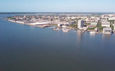 Aerial view of the port of Charleston, South Carolina as seen from over the sea.