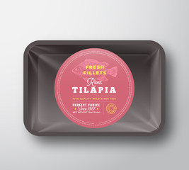 Tilapia Fillets. Abstract Vector Plastic Tray with Cellophane Cover Packaging Design Round Label or Sticker. Retro Typography and Hand Drawn Fish Silhouette Background Layout.