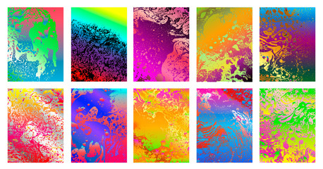 Set of colorful creative marble cards. Textures hand drawn made with special ink. Applicable for design cover, posters, presentation, invitation, flyer. Vector fluid art. Isolated on white background.