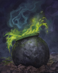 Magic witch's cauldron bubbling over with green liquid and blue smoke - digital fantasy illustration