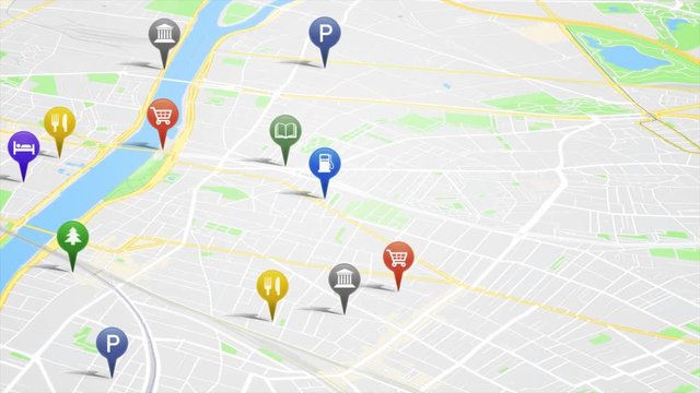 City Map With GPS Pins Animation Loop/ 4k animation of an app screen of traveling city map background with gps pins and icons rising