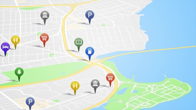 City Map With GPS Pins Animation Loop/ 4k animation of an app screen of traveling city map background with gps pins and icons rising