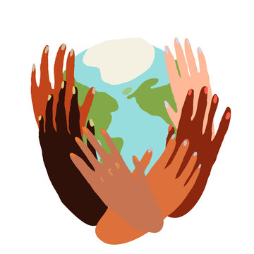 Illustration Of A People's Hands With Different Skin Color Together Holding Planet Earth. Race Equality, Feminism, Tolerance, Climate Change, Ecology, Global Warming Concept Art In Minimal Style.