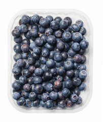 Plastic packaging of fresh juicy blueberries. White isolated background. Top view.