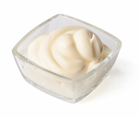 Mayonnaise in glassware isolated on white background. Top side view.