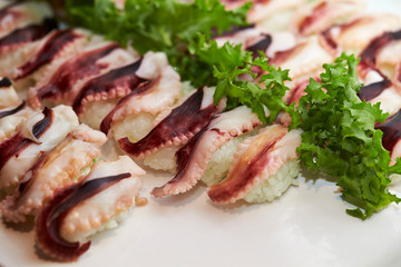 Boiled octopus sushi at buffet