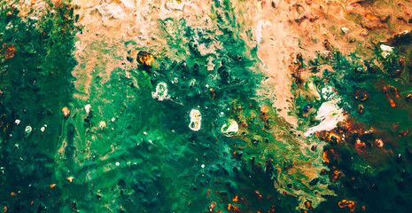 Abstract acrylic oil gouache paint background. Teal sand color pattern. Coat layer brushstrokes technique. Seashore theme.