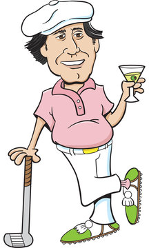 Cartoon illustration of a golfer leaning on a golf club and holding a martini.