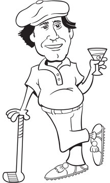 Black and white illustration of a golfer leaning on a golf club and holding a martini.