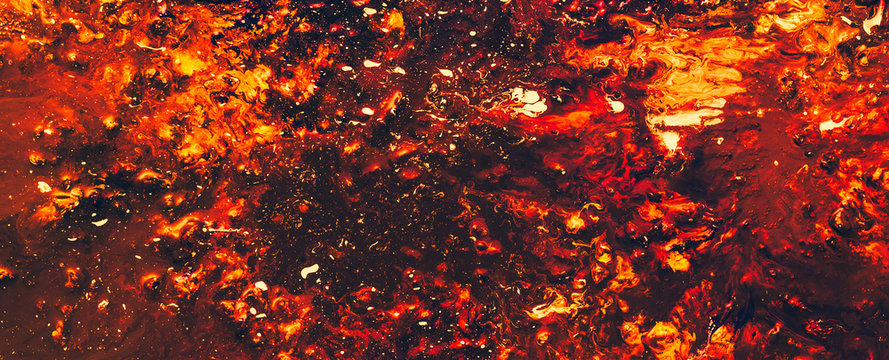 Flame sparkles explosion. Red gradient color mix background. Vibrant vivid blaze pattern. Modern acrylic painting technique