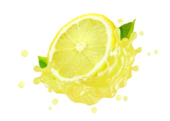 Fresh ripe lemon fruit slice and lemon juice or lemonade splash swirl. Juice splashing, lemon juice label. Liquid healthy detox drink tropical citrus fruit design element. 3D render