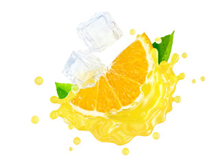 Fresh ripe orange, orange slice and orange juice or smoothie splash. Tasty juice splashing for orange juice ad label or sticker. Healthy food or drink tropical fruit design element. 3D