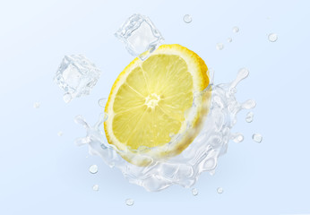 Fresh cold pure flavored water with lemon wave splash. Lemon fruit infused water or lemonade wave swirl. Healthy flavored detox drink splash concept with citrus fruit and ice cubes. 3D