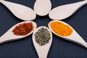 Collection of spices in wooden spoons (Saffron, Basil, Turmeric) on dark background.