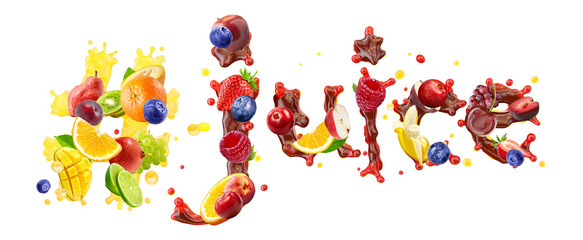 Assorted fruits berries juice splash mix with assortment of fresh berries and fruits in the form of word "Juice" from juice alphabet, isolated. Liquid healthy juice design element. 3D
