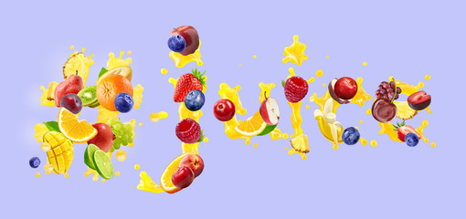 Fototapeta na wymiar Assorted fruits berries juice splash mix with assortment of fresh berries and fruits in the form of word 