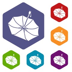 Falling umbrella icons vector colorful hexahedron set collection isolated on white