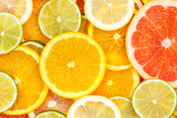Fototapeta na wymiar Citrus fruits collection food background oranges lemons limes grapefruit fresh fruit