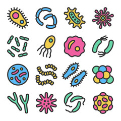 Bacteria, microbe, virus colorful vector icon set with outline. Microscopic bacterium and bacillus collection, isolated on white background