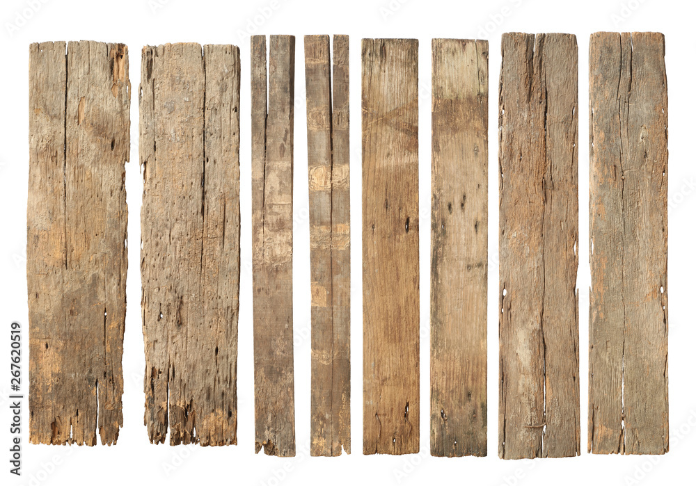 Wall mural wood plank weathered damaged set (with clipping path) isolated on white background