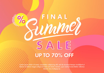Summer sale banner.Unique design card with gradient background,shapes and geometric elements in memphis style.Sale season card perfect for prints, flyers,banners, promotion,special offer and more.