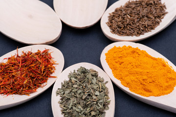 Collection of spices in wooden spoons (Saffron, Basil, Turmeric, Caraway Seeds) on dark background.