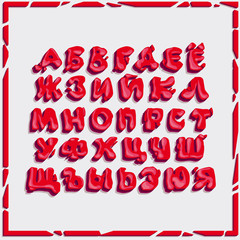 Bright red volumetric letters of irregular shape, the entire Russian alphabet, for decorative emotional inscriptions