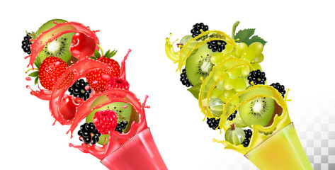 Fruit in juice splashes. Strawberry, blackberry, raspberry, grapes, mango, kiwi, cherry. Vector.