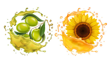 Olive and sunflower in oil realistic splashes