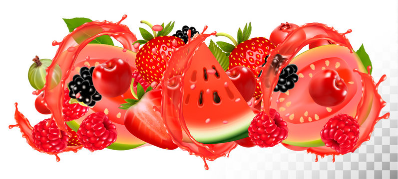 Fruit in juice splash background. Strawberry, raspberry, blueberry, guava, watermelon, cherry. Vector.
