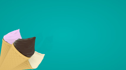 3d ice cream in vafle cone with under the chocolate, vanilla and fruits. 3d illustration.