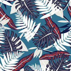 Fototapeta na wymiar Seamless pattern with tropical white and dark leaves. Vector design. Flat jungle print. Floral background.