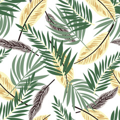 Seamless pattern with colorful tropical plants on white background. Vector design. Floral background.