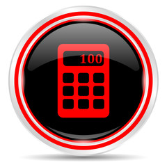 Obraz premium Calculator icon. Round metal web button, black and red.