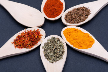 Collection of spices in wooden spoons (Saffron, Basil, Turmeric, Caraway seeds, Sweet Paprika) on dark background.