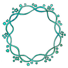 Round frame of flowers. Watercolor drawing with a contour stroke on a white background, for the design of invitations, cards, greetings