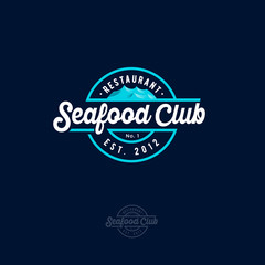 Seafood restaurant logo. Blue sea with waves and lettering on a circle. Vintage style. 