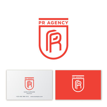 PR agency logo. P and R monogram consist of thin lines in a shield . Web, user interface icon. Business card. 
