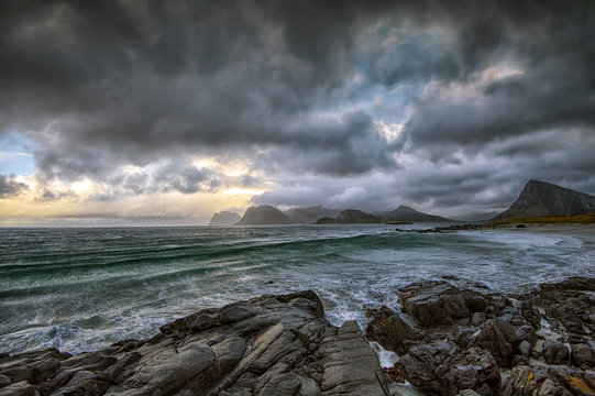 Storm brewing, Stor Sandnes beach, Flakstad, Lofoten, Nordland, Norway
