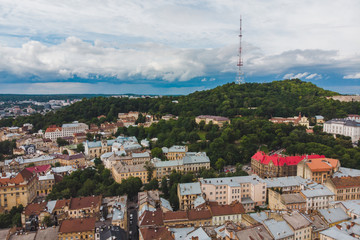 aerial view high castle in lviv city. copy space