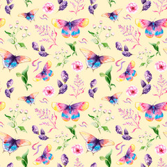 watercolor drawings of butterflies and flowers - seamless pattern