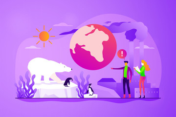 Global warming, environment pollution, global heating impact concept. Vector isolated concept illustration with tiny people and floral elements. Hero image for website.