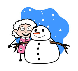 Standing with Snowman - Old Woman Cartoon Granny Vector Illustration