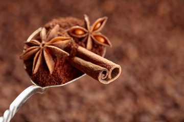 Spoon of ground coffee with anise and cinnamon on the background of coffee beans.