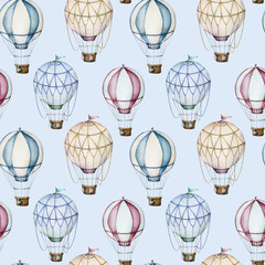 Fototapeta na wymiar Watercolor hot air balloons seamless pattern. Hand painted sky illustration with aerostate isolated on pastel blue background. For design, prints, fabric or background.