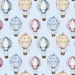 Tapeten Aquarell Heißluftballons nahtloses Muster. Handgemalte Himmelillustration mit Aerostate lokalisiert auf blauem Hintergrund des Pastells. Für Design, Drucke, Stoff oder Hintergrund. © yuliya_derbisheva