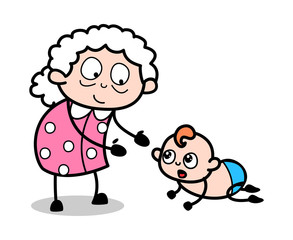 Playing with Crowling Baby - Old Woman Cartoon Granny Vector Illustration